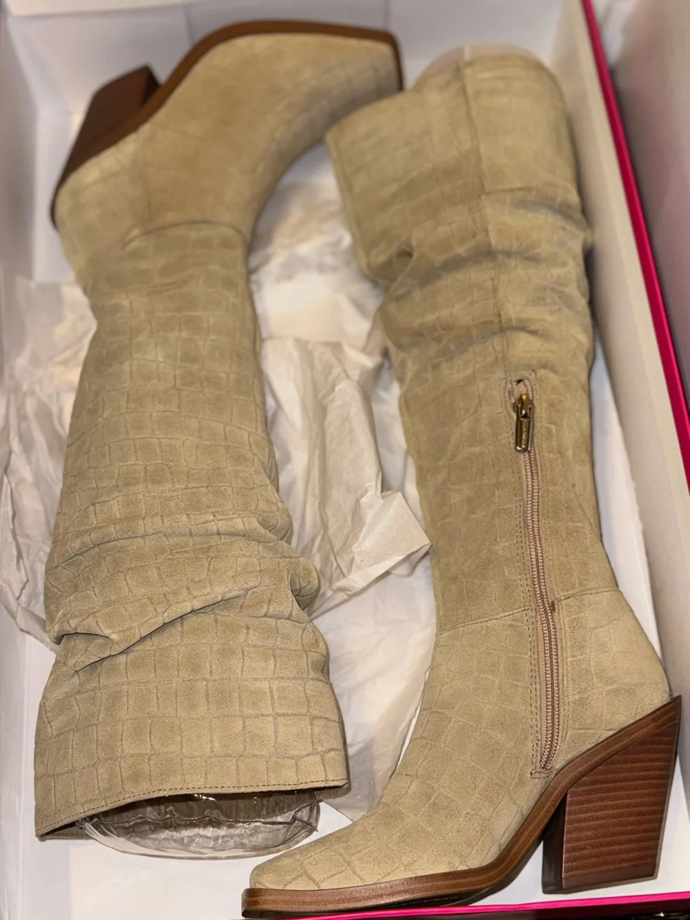 Vince Camuto Beige Croc-Embossed Over-the-Knee Boots